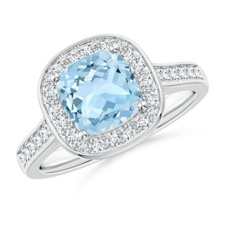 7mm AAA Classic Cushion Aquamarine Ring with Diamond Halo in White Gold