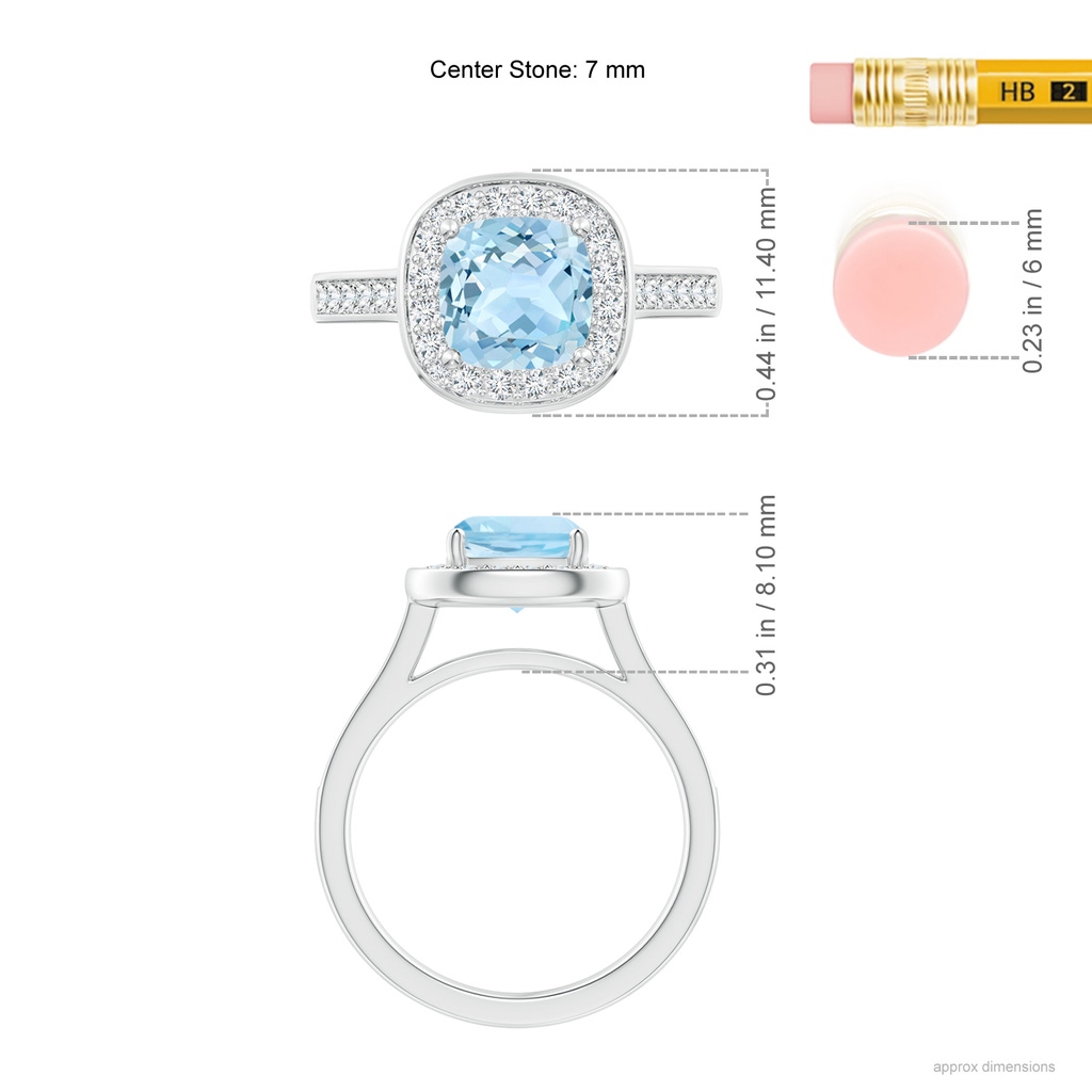 7mm AAA Classic Cushion Aquamarine Ring with Diamond Halo in White Gold Ruler