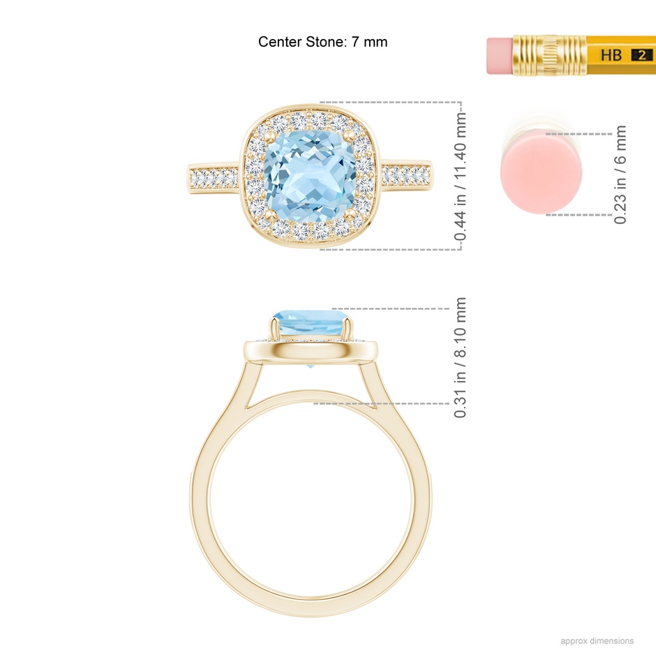 7mm AAA Classic Cushion Aquamarine Ring with Diamond Halo in Yellow Gold ruler