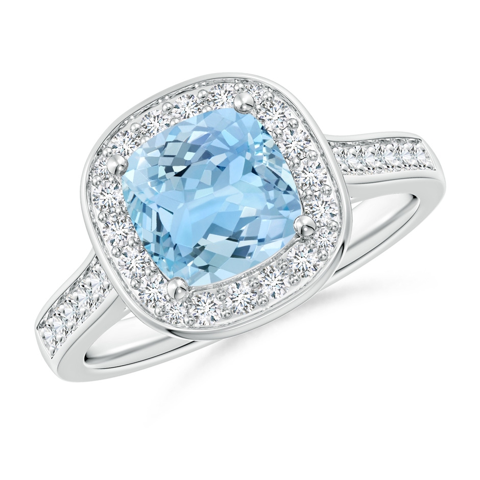 7mm AAAA Classic Cushion Aquamarine Ring with Diamond Halo in White Gold 