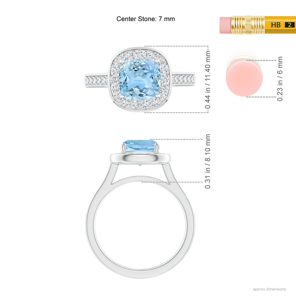 7mm AAAA Classic Cushion Aquamarine Ring with Diamond Halo in White Gold ruler