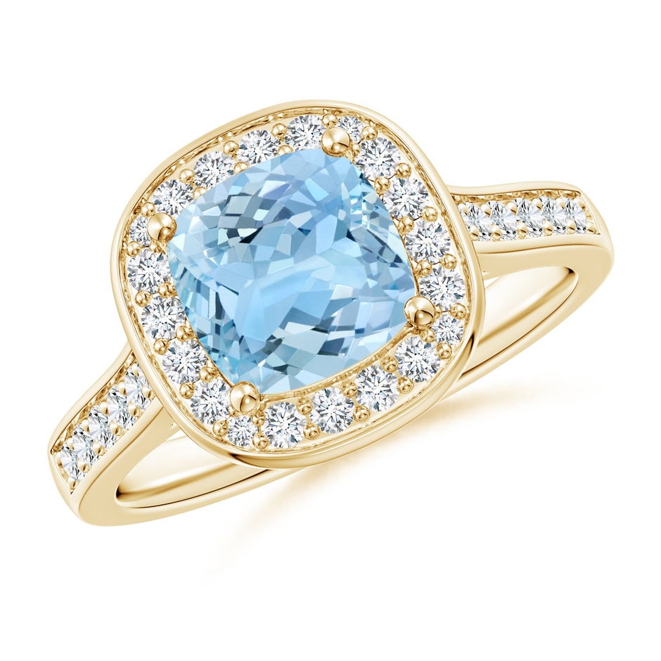 7mm AAAA Classic Cushion Aquamarine Ring with Diamond Halo in Yellow Gold 