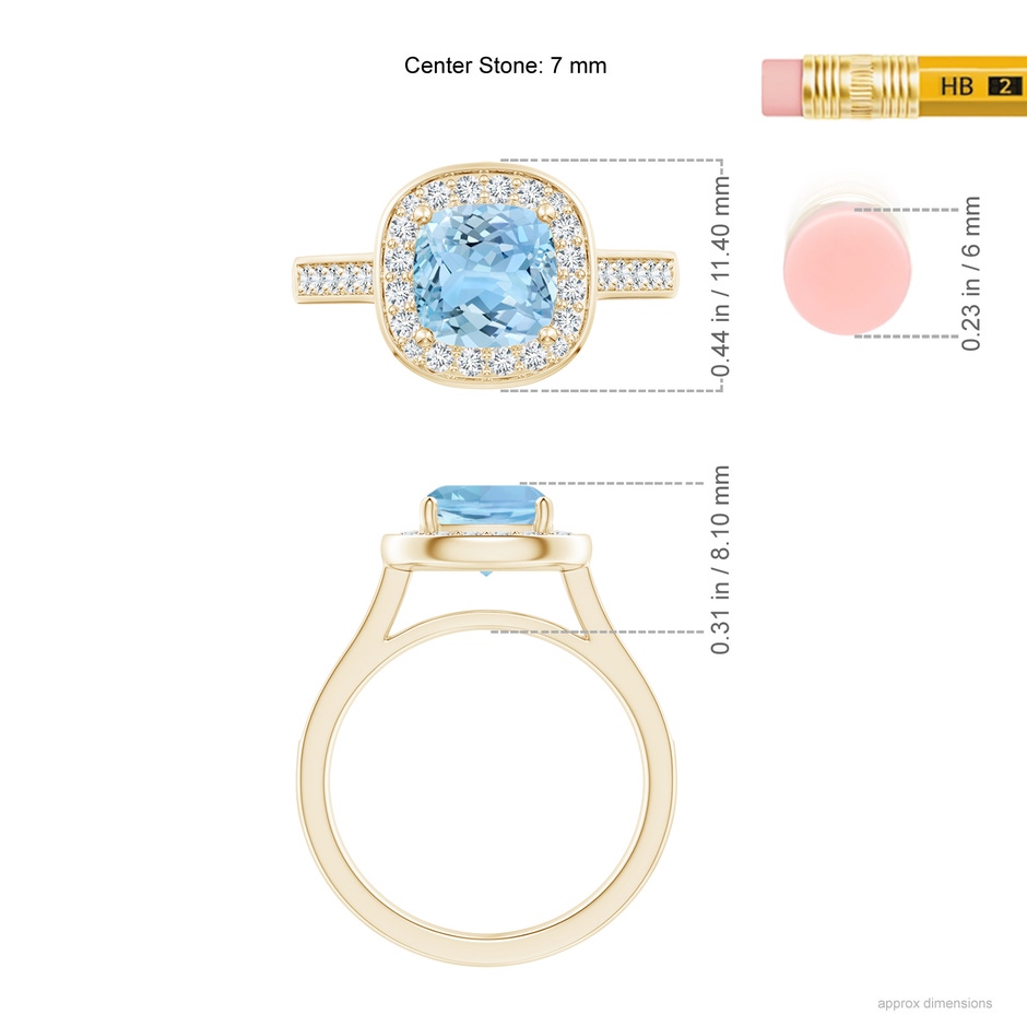 7mm AAAA Classic Cushion Aquamarine Ring with Diamond Halo in Yellow Gold ruler
