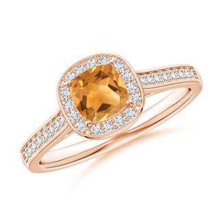 5mm A Classic Cushion Citrine Ring with Diamond Halo in Rose Gold