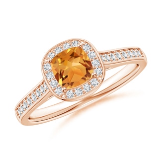 5mm AA Classic Cushion Citrine Ring with Diamond Halo in 9K Rose Gold