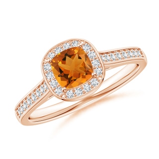 5mm AAA Classic Cushion Citrine Ring with Diamond Halo in 9K Rose Gold