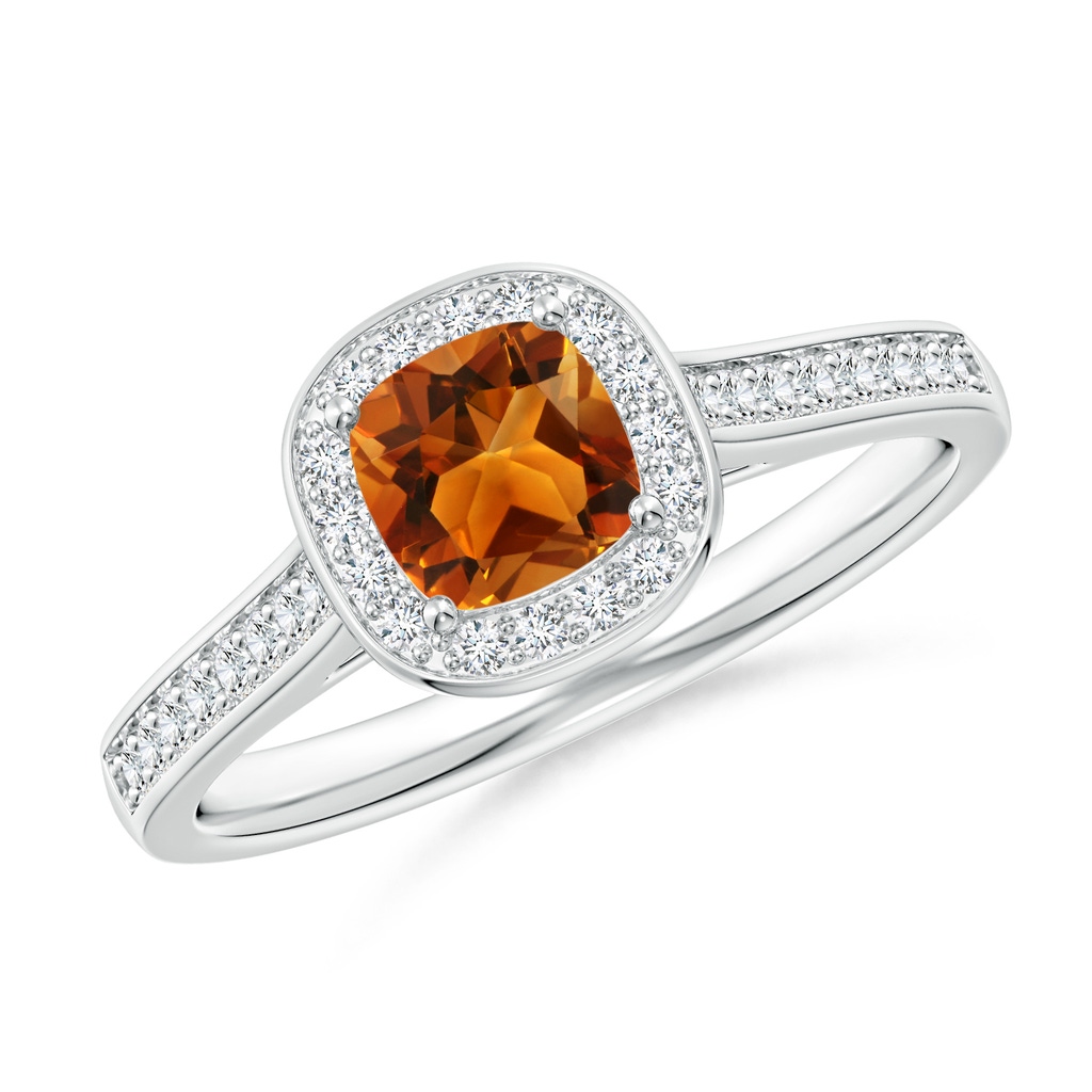 5mm AAAA Classic Cushion Citrine Ring with Diamond Halo in White Gold