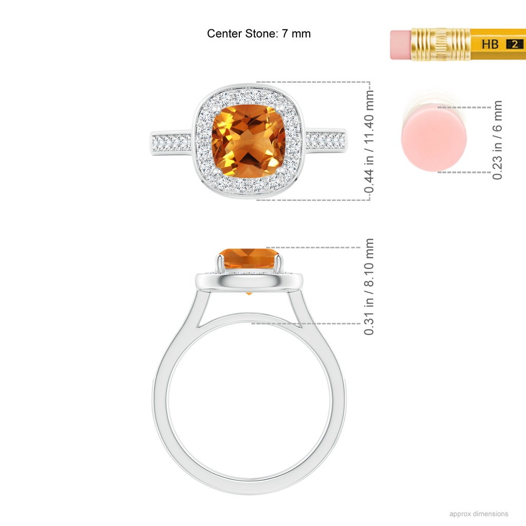 7mm AAA Classic Cushion Citrine Ring with Diamond Halo in White Gold Ruler