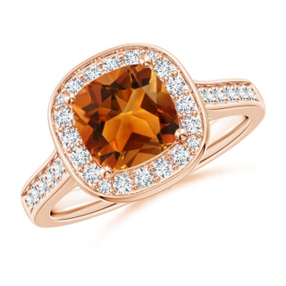 7mm AAAA Classic Cushion Citrine Ring with Diamond Halo in Rose Gold