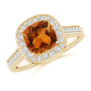 7mm AAAA Classic Cushion Citrine Ring with Diamond Halo in Yellow Gold