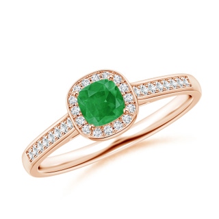 4mm A Classic Cushion Emerald Ring with Diamond Halo in 9K Rose Gold