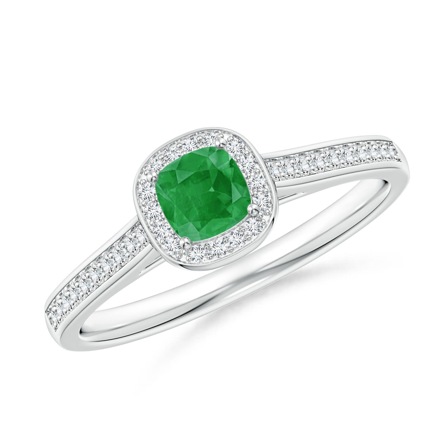 4mm A Classic Cushion Emerald Ring with Diamond Halo in P950 Platinum