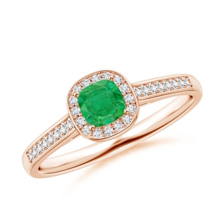 4mm AA Classic Cushion Emerald Ring with Diamond Halo in 9K Rose Gold