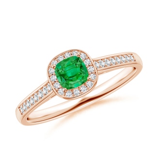 4mm AAA Classic Cushion Emerald Ring with Diamond Halo in 9K Rose Gold