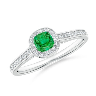4mm AAA Classic Cushion Emerald Ring with Diamond Halo in White Gold