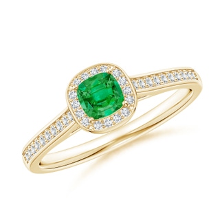 4mm AAA Classic Cushion Emerald Ring with Diamond Halo in Yellow Gold