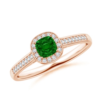 4mm AAAA Classic Cushion Emerald Ring with Diamond Halo in 9K Rose Gold