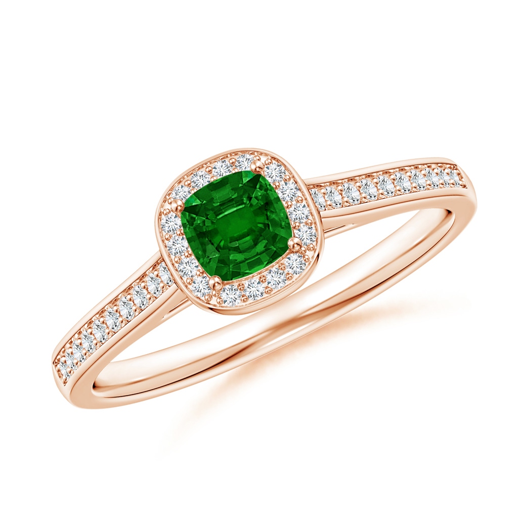4mm AAAA Classic Cushion Emerald Ring with Diamond Halo in Rose Gold