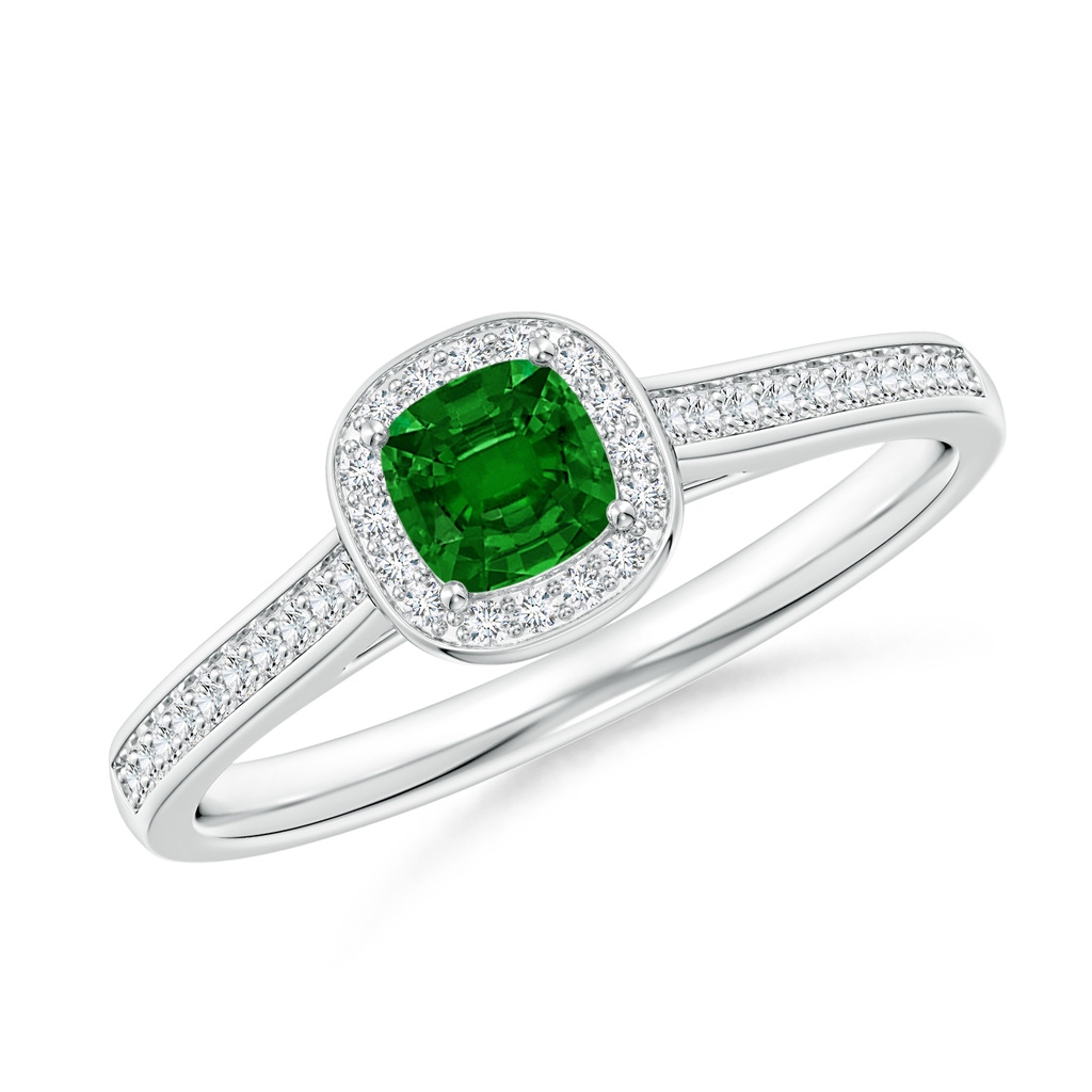 4mm AAAA Classic Cushion Emerald Ring with Diamond Halo in White Gold