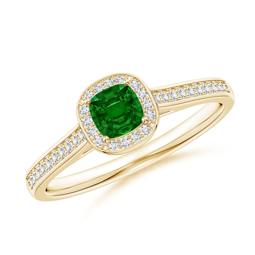 4mm AAAA Classic Cushion Emerald Ring with Diamond Halo in Yellow Gold 