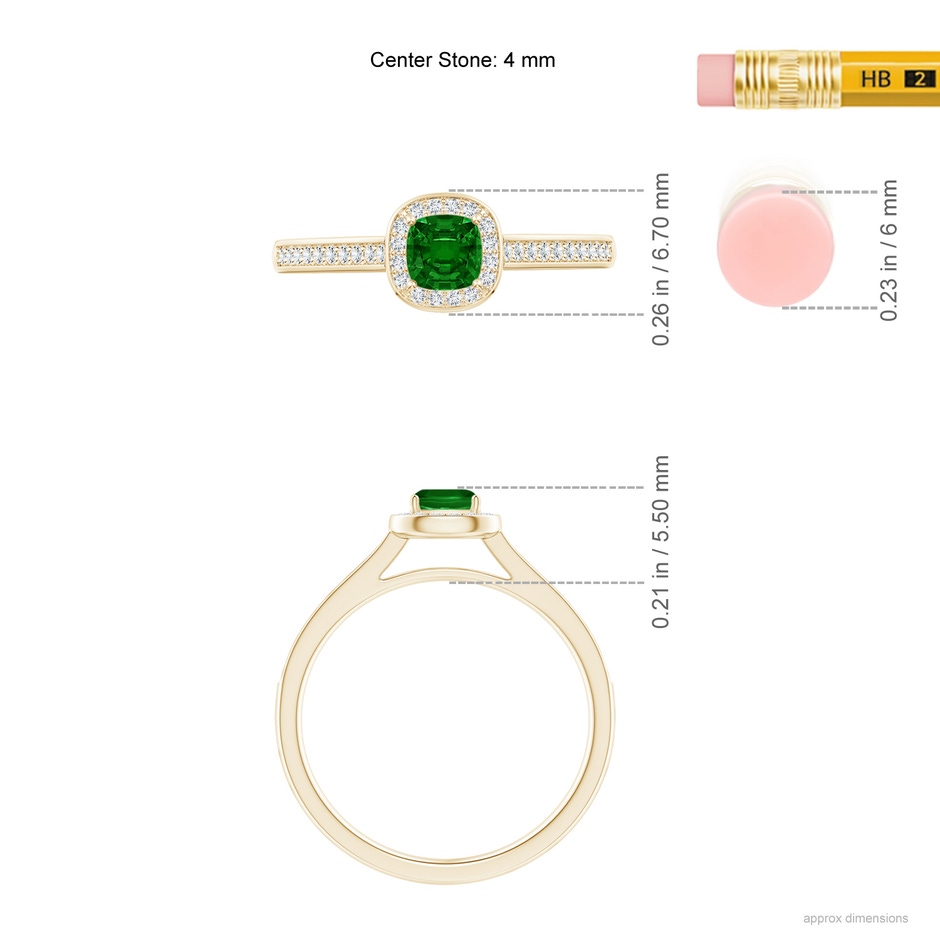 4mm AAAA Classic Cushion Emerald Ring with Diamond Halo in Yellow Gold ruler