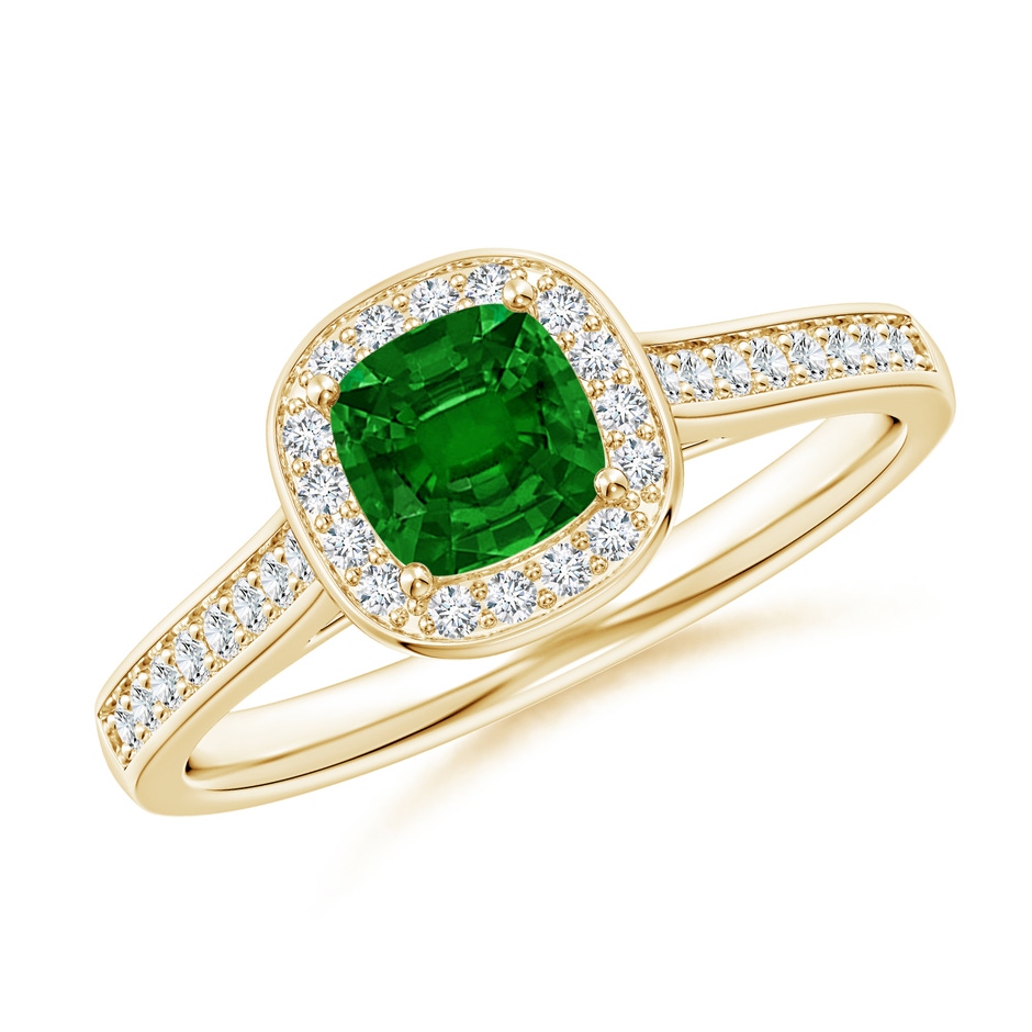 5mm AAAA Classic Cushion Emerald Ring with Diamond Halo in Yellow Gold 