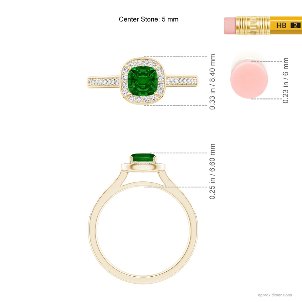 5mm AAAA Classic Cushion Emerald Ring with Diamond Halo in Yellow Gold Ruler