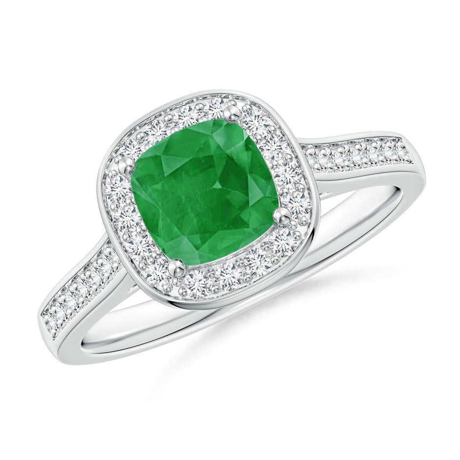 6mm A Classic Cushion Emerald Ring with Diamond Halo in White Gold 