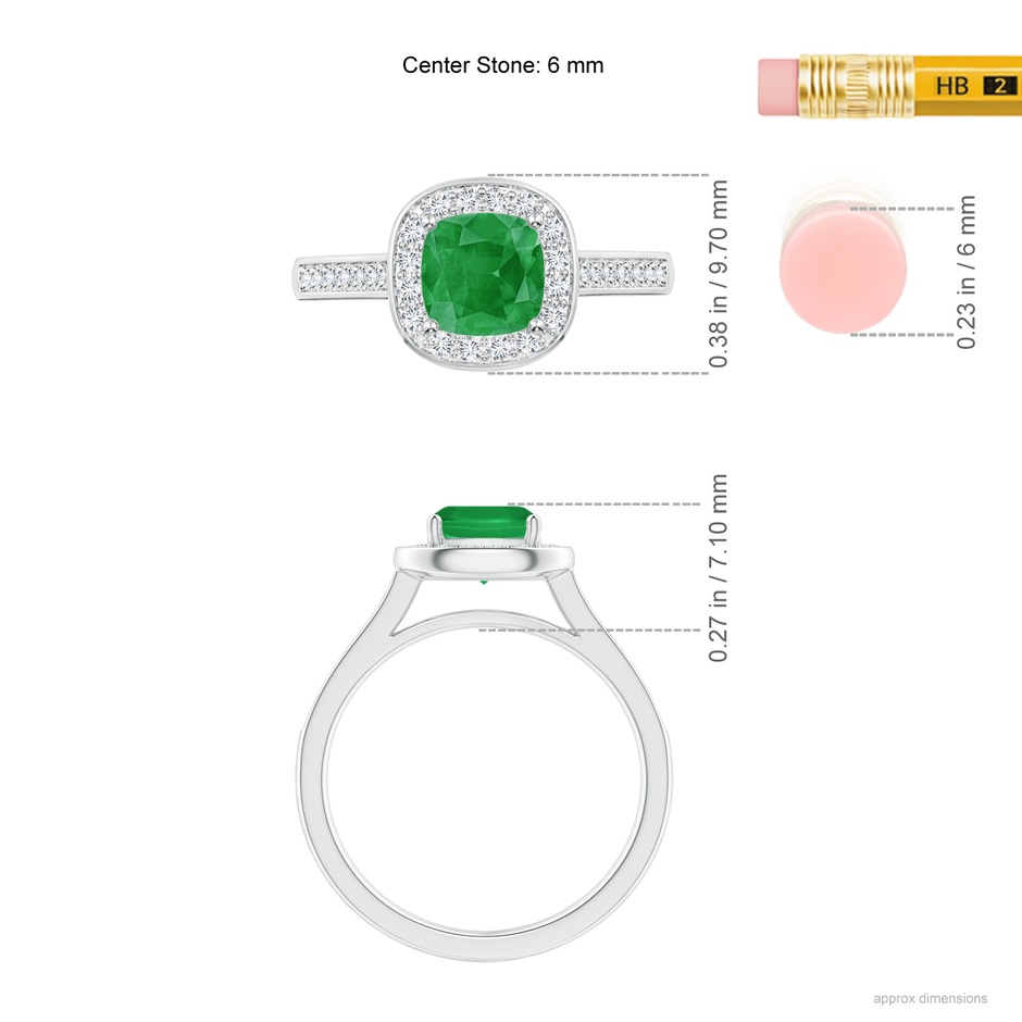 6mm A Classic Cushion Emerald Ring with Diamond Halo in White Gold ruler