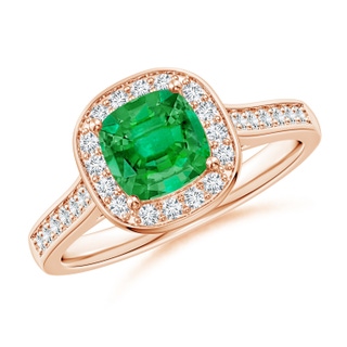 6mm AAA Classic Cushion Emerald Ring with Diamond Halo in Rose Gold