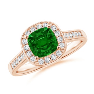 6mm AAAA Classic Cushion Emerald Ring with Diamond Halo in 9K Rose Gold