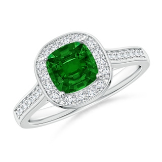 6mm AAAA Classic Cushion Emerald Ring with Diamond Halo in P950 Platinum
