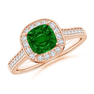 6mm AAAA Classic Cushion Emerald Ring with Diamond Halo in Rose Gold