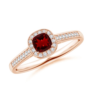 4mm AAAA Classic Cushion Garnet Ring with Diamond Halo in Rose Gold