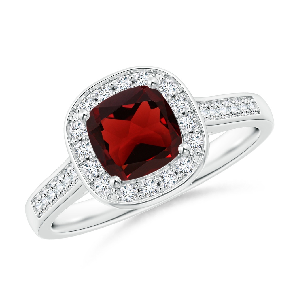 6mm AAA Classic Cushion Garnet Ring with Diamond Halo in White Gold