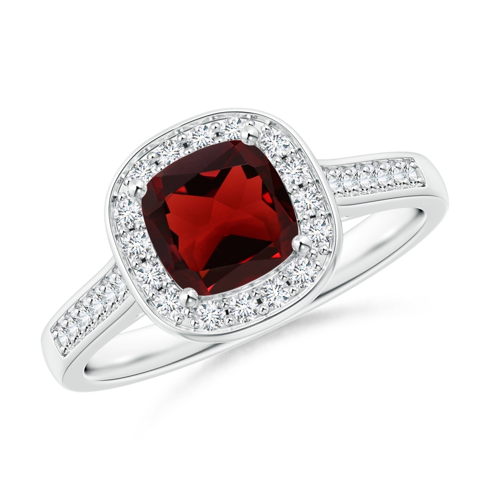 6mm AAA Classic Cushion Garnet Ring with Diamond Halo in White Gold 