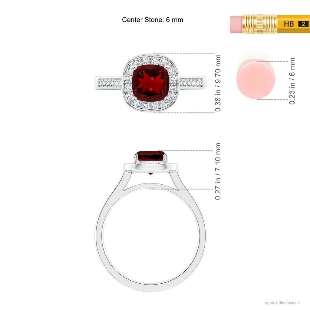 6mm AAAA Classic Cushion Garnet Ring with Diamond Halo in 10K White Gold Ruler