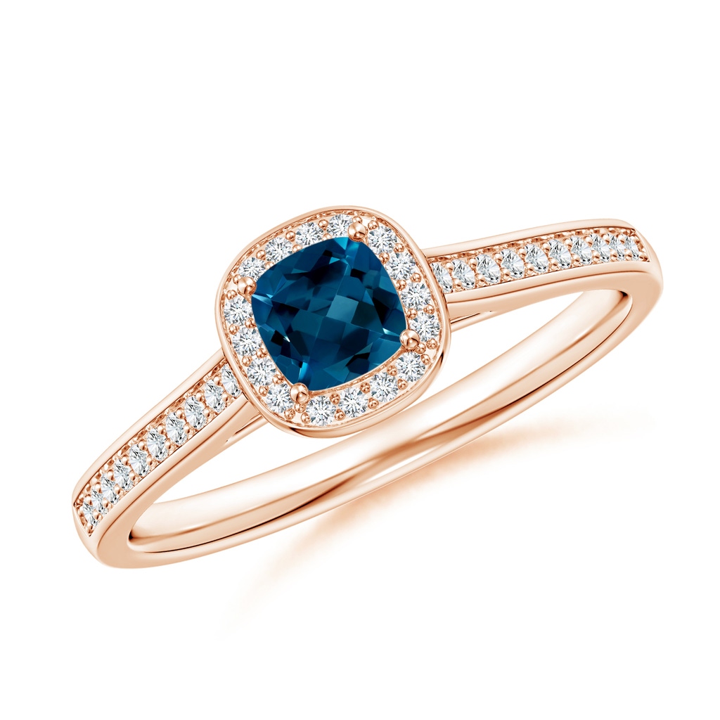 4mm AAAA Classic Cushion London Blue Topaz Ring with Diamond Halo in Rose Gold