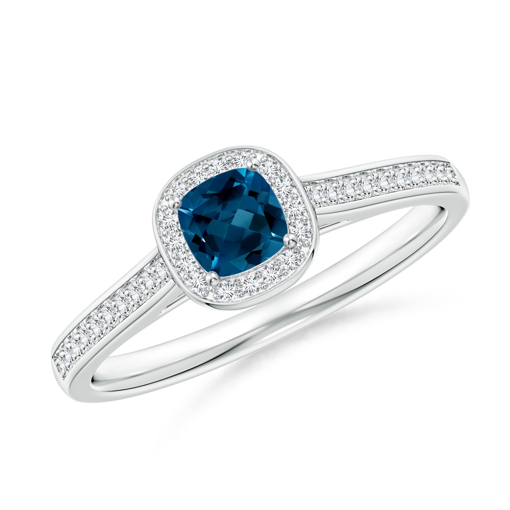 4mm AAAA Classic Cushion London Blue Topaz Ring with Diamond Halo in White Gold