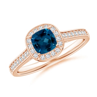 5mm AAAA Classic Cushion London Blue Topaz Ring with Diamond Halo in Rose Gold