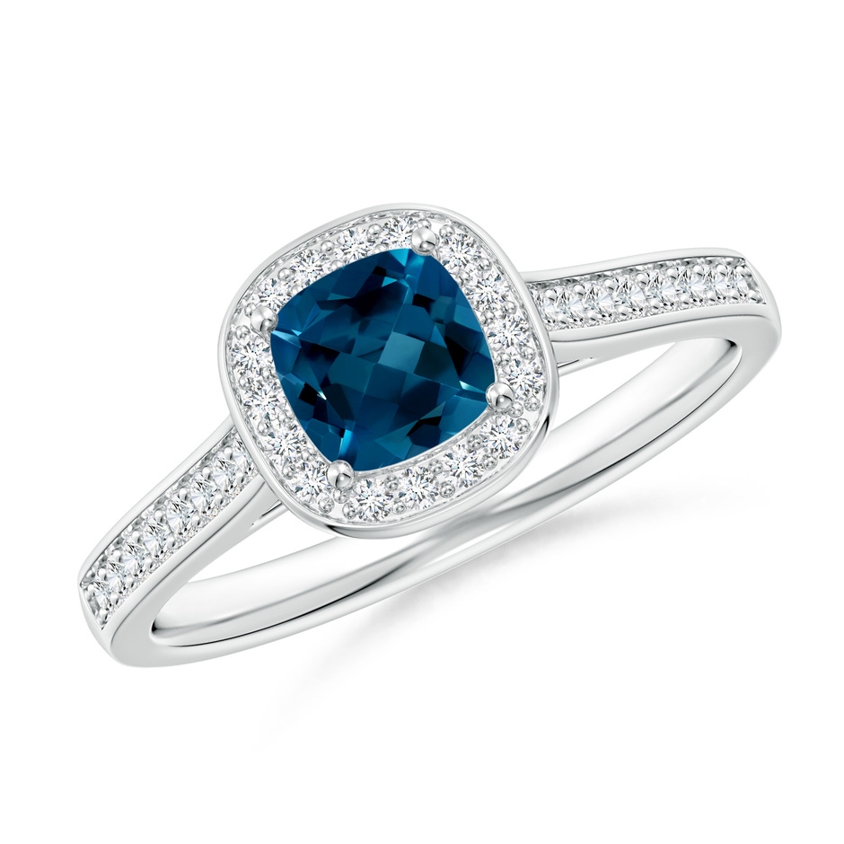 5mm AAAA Classic Cushion London Blue Topaz Ring with Diamond Halo in White Gold 