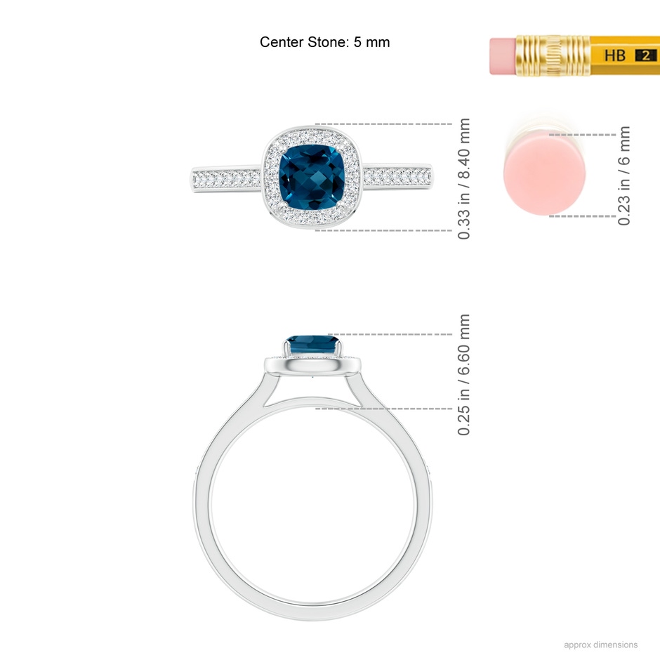 5mm AAAA Classic Cushion London Blue Topaz Ring with Diamond Halo in White Gold ruler