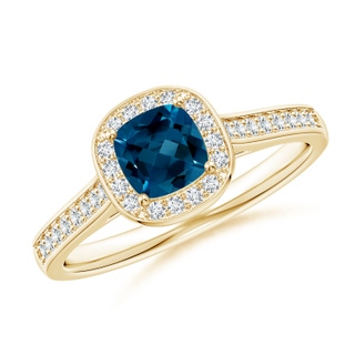 5mm AAAA Classic Cushion London Blue Topaz Ring with Diamond Halo in Yellow Gold