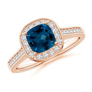 6mm AAAA Classic Cushion London Blue Topaz Ring with Diamond Halo in Rose Gold