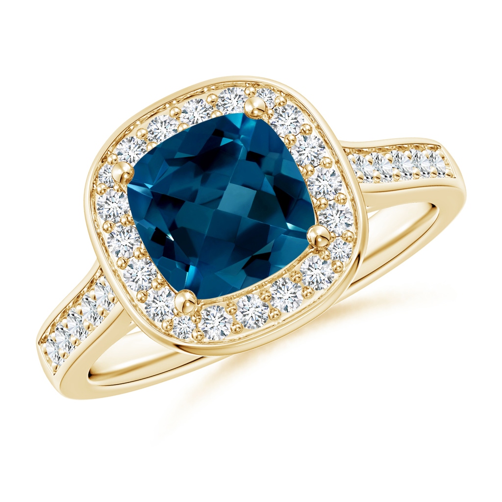 7mm AAAA Classic Cushion London Blue Topaz Ring with Diamond Halo in Yellow Gold