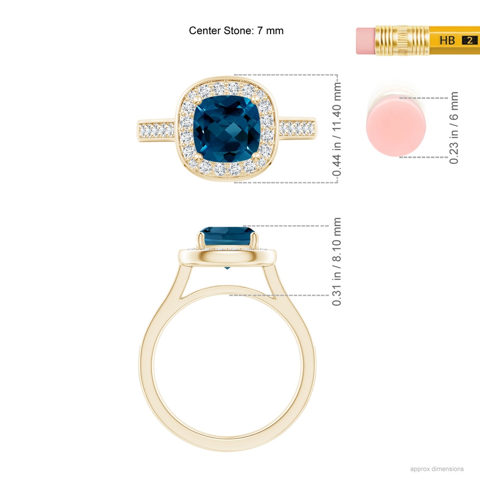 7mm AAAA Classic Cushion London Blue Topaz Ring with Diamond Halo in Yellow Gold ruler