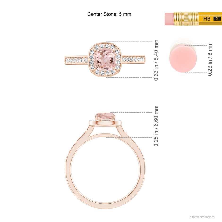 5mm AAAA Classic Cushion Morganite Ring with Diamond Halo in Rose Gold ruler