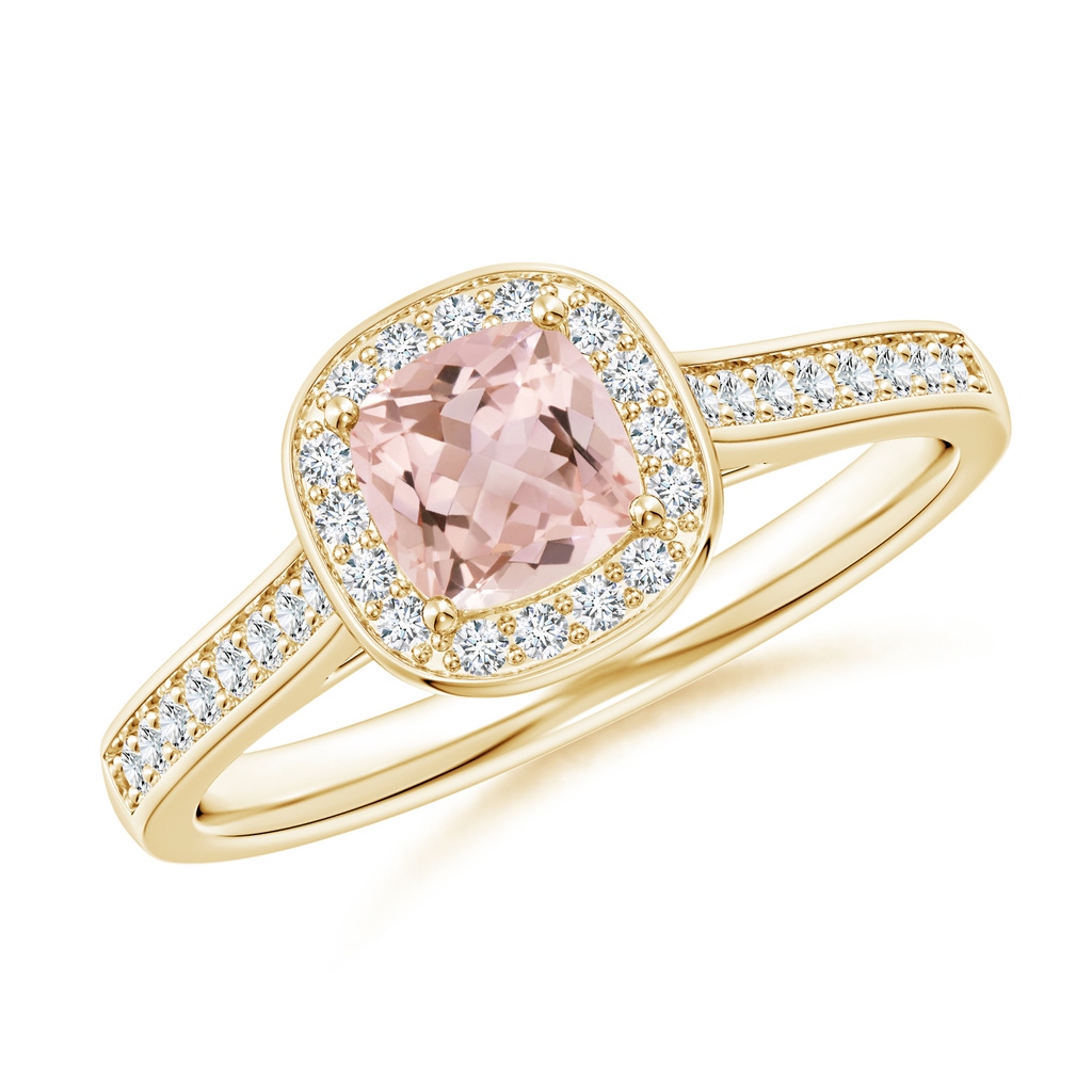 5mm AAAA Classic Cushion Morganite Ring with Diamond Halo in Yellow Gold