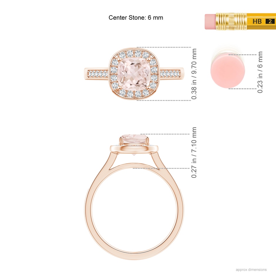 6mm A Classic Cushion Morganite Ring with Diamond Halo in 10K Rose Gold ruler