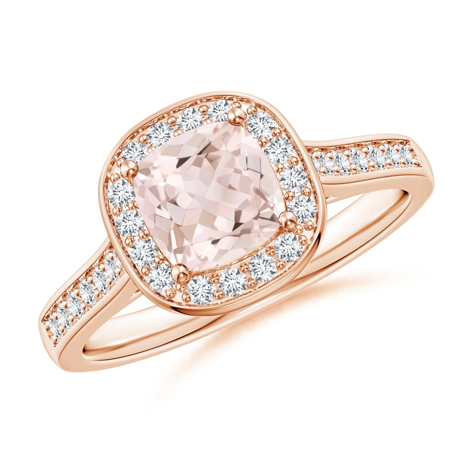 6mm A Classic Cushion Morganite Ring with Diamond Halo in Rose Gold 